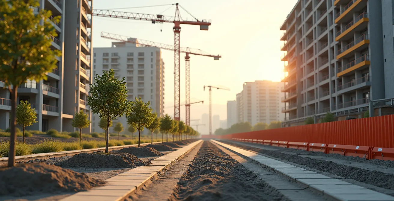 Chantier de construction et rénovation urbaine avec grue et nouveaux immeubles, espaces verts aménagés