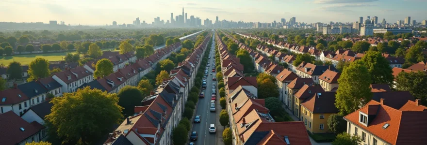 Vue aérienne d'un quartier résidentiel avec maisons, verdure et transports en commun