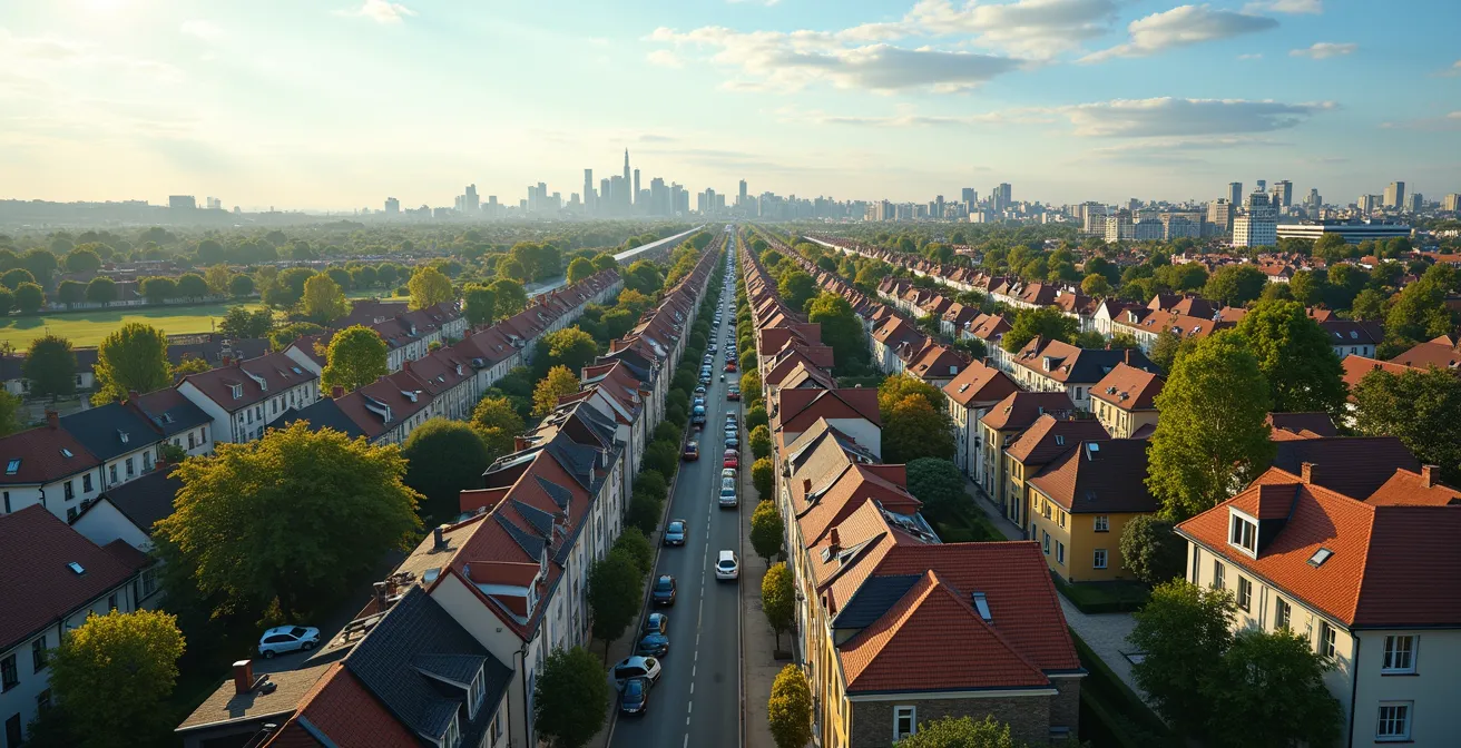 Vue aérienne d'un quartier résidentiel avec maisons, verdure et transports en commun