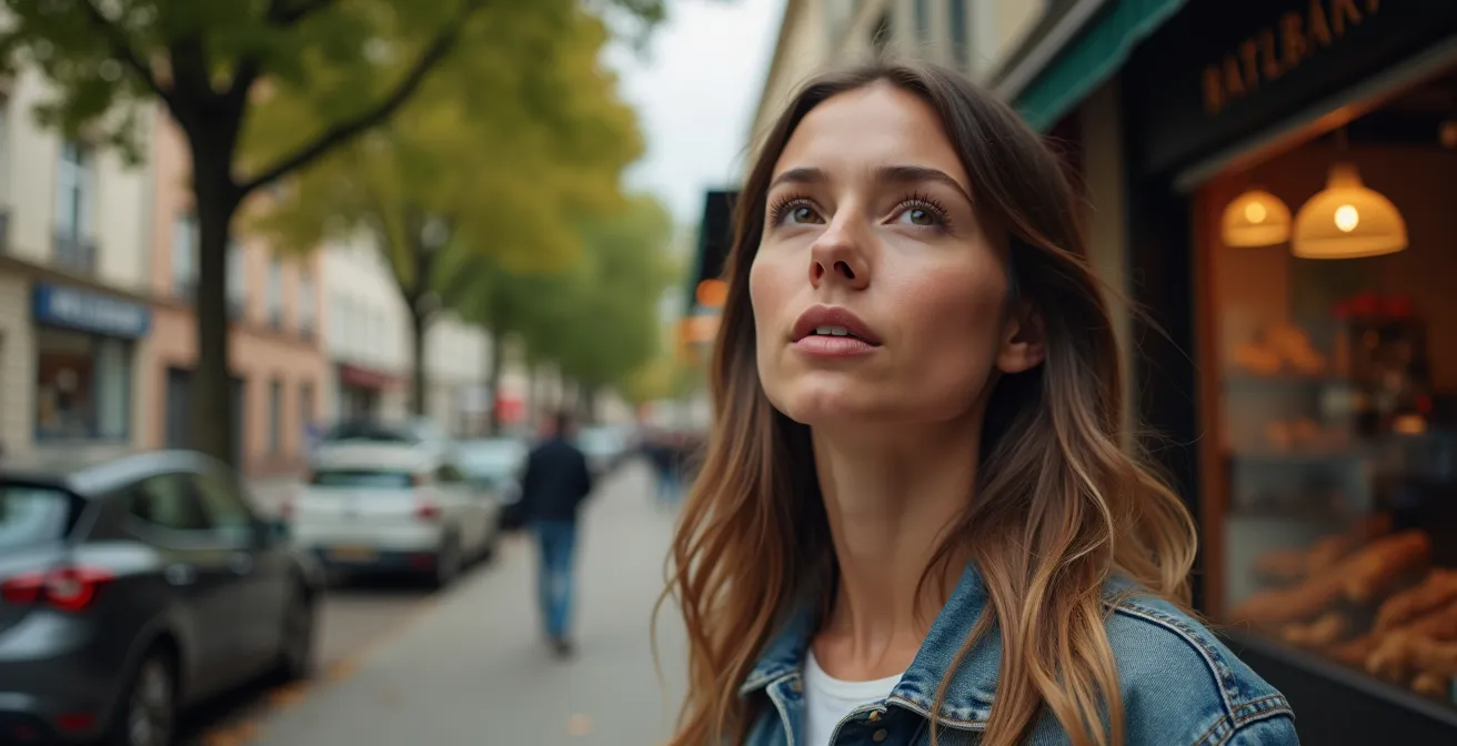 Personne visitant un quartier résidentiel, parlant avec des habitants et explorant les commerces locaux