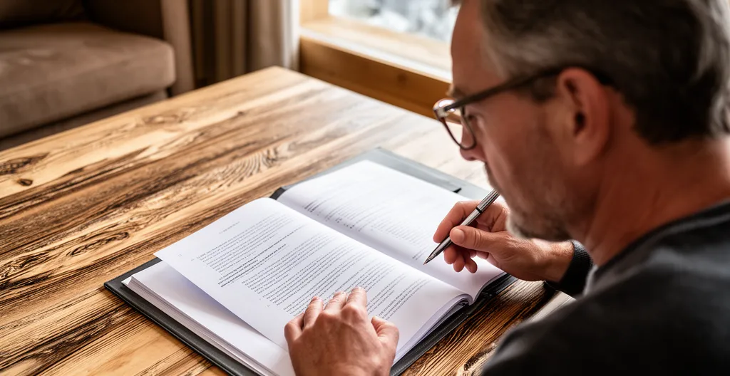 Personne consultant des documents immobiliers dans un salon de montagne