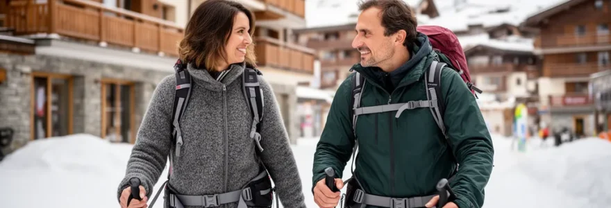 Deux adultes portent matériel de ski dans rue enneigée de station