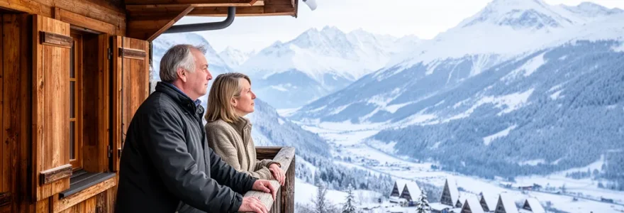 Couple contemplant le panorama montagneux depuis un balcon de chalet à Saint-Michel de Chaillol