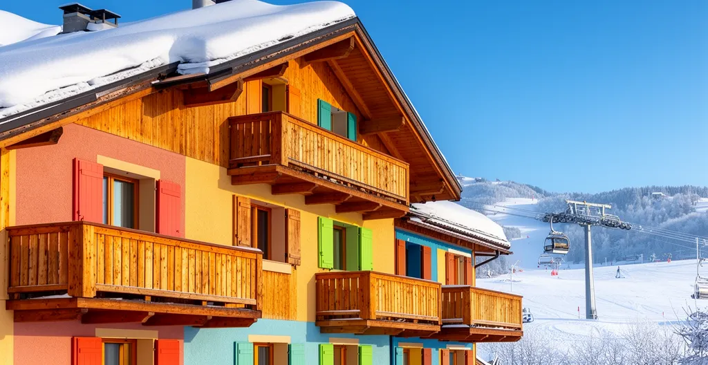 Façade colorée de résidence de montagne avec balcons en bois à Saint-Michel de Chaillol