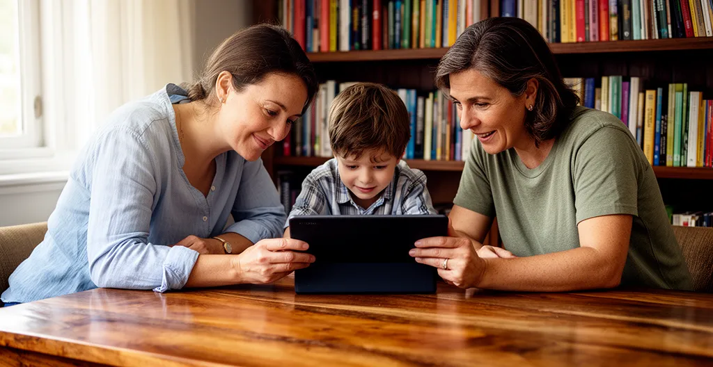 Famille vérifiant détails location vacances sur tablette