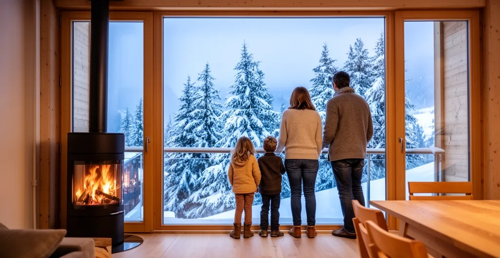 Intérieur chaleureux d'appartement de montagne avec vue sur paysage enneigé