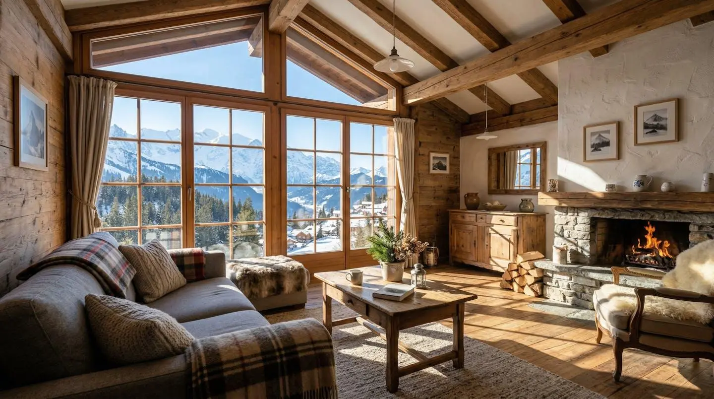 Salon appartement montagne baigné lumière naturelle vue sommets enneigés