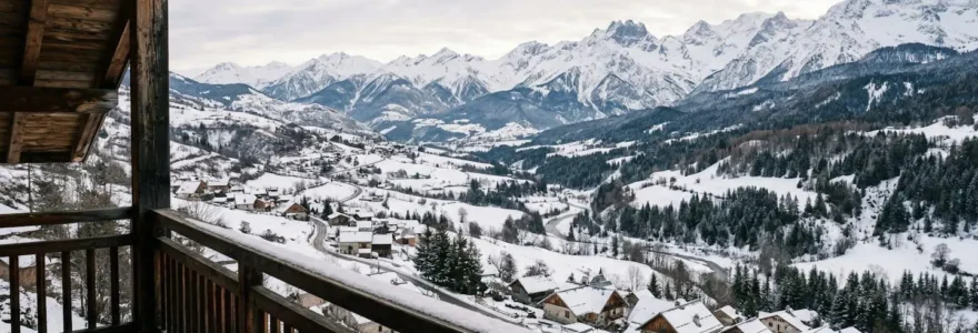 Vue panoramique vallée Champsaur depuis balcon appartement montagne enneigée
