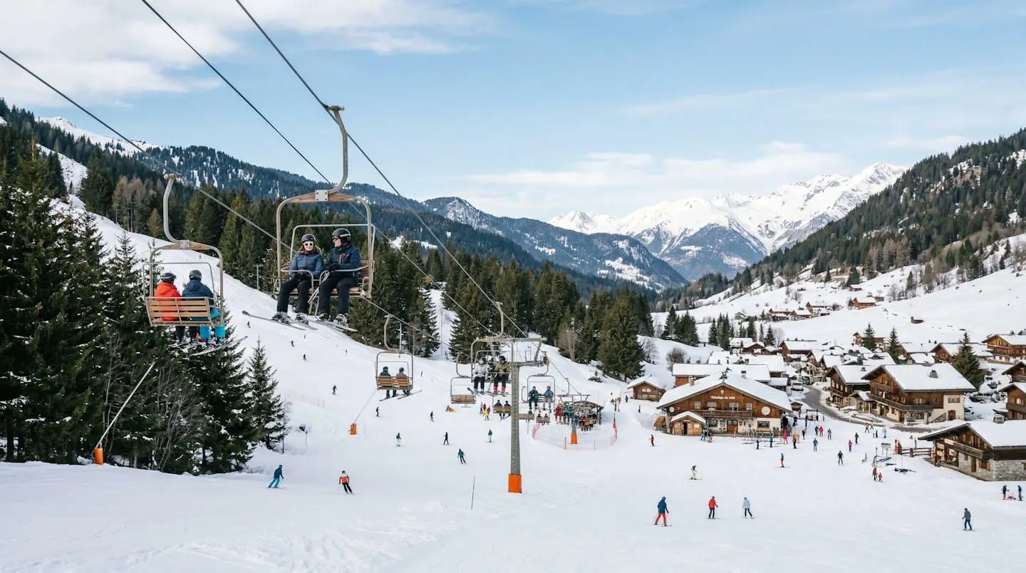 Télésiège station ski familiale Hautes-Alpes avec skieurs pistes douces
