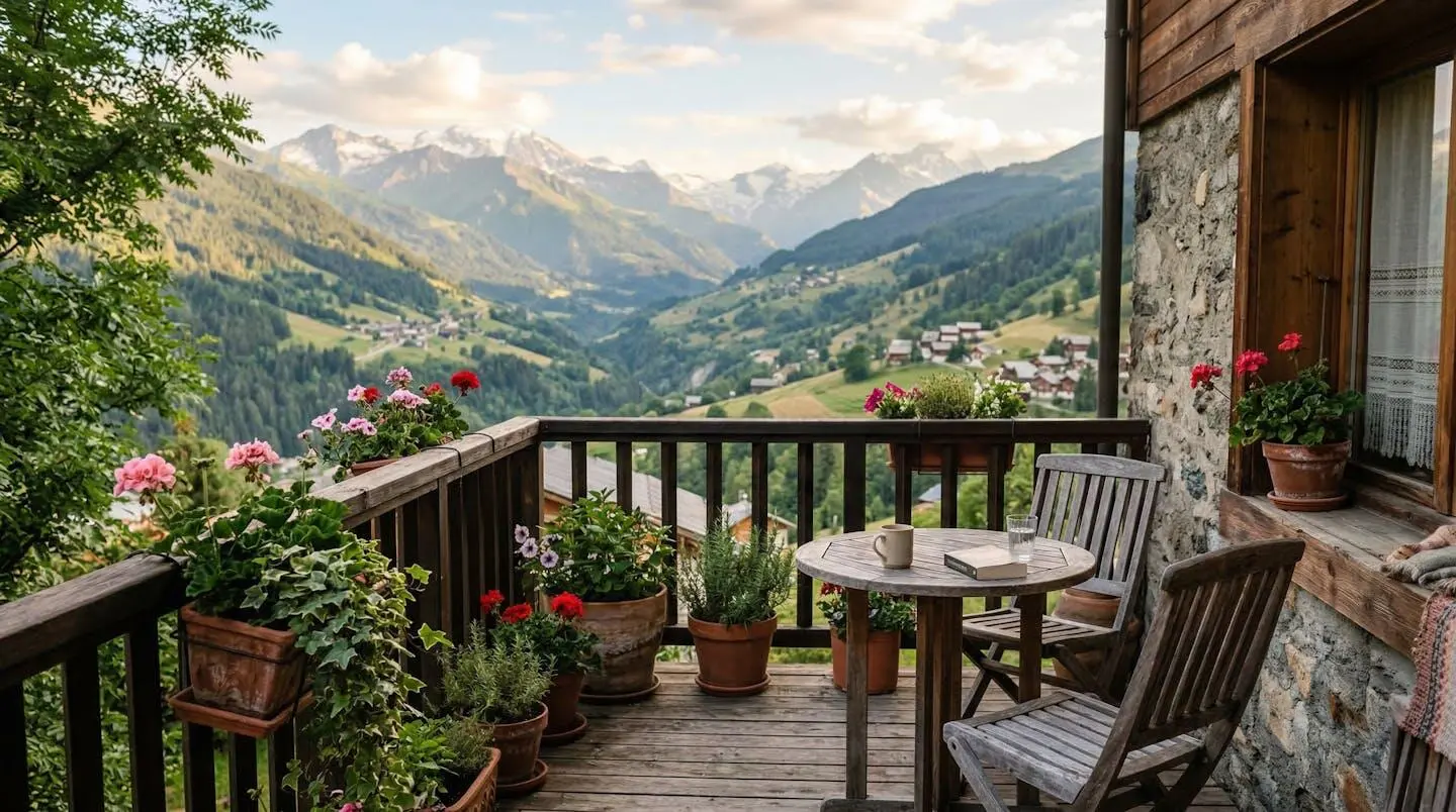 Terrasse appartement station ski avec mobilier extérieur vue vallée montagne