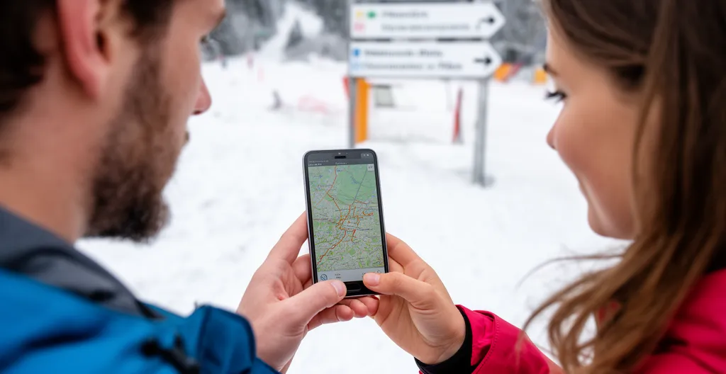 Couple consultant carte sur smartphone devant panneau station