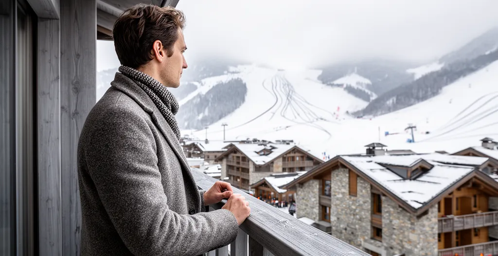 Personne observant station de ski depuis balcon avec vue montagne