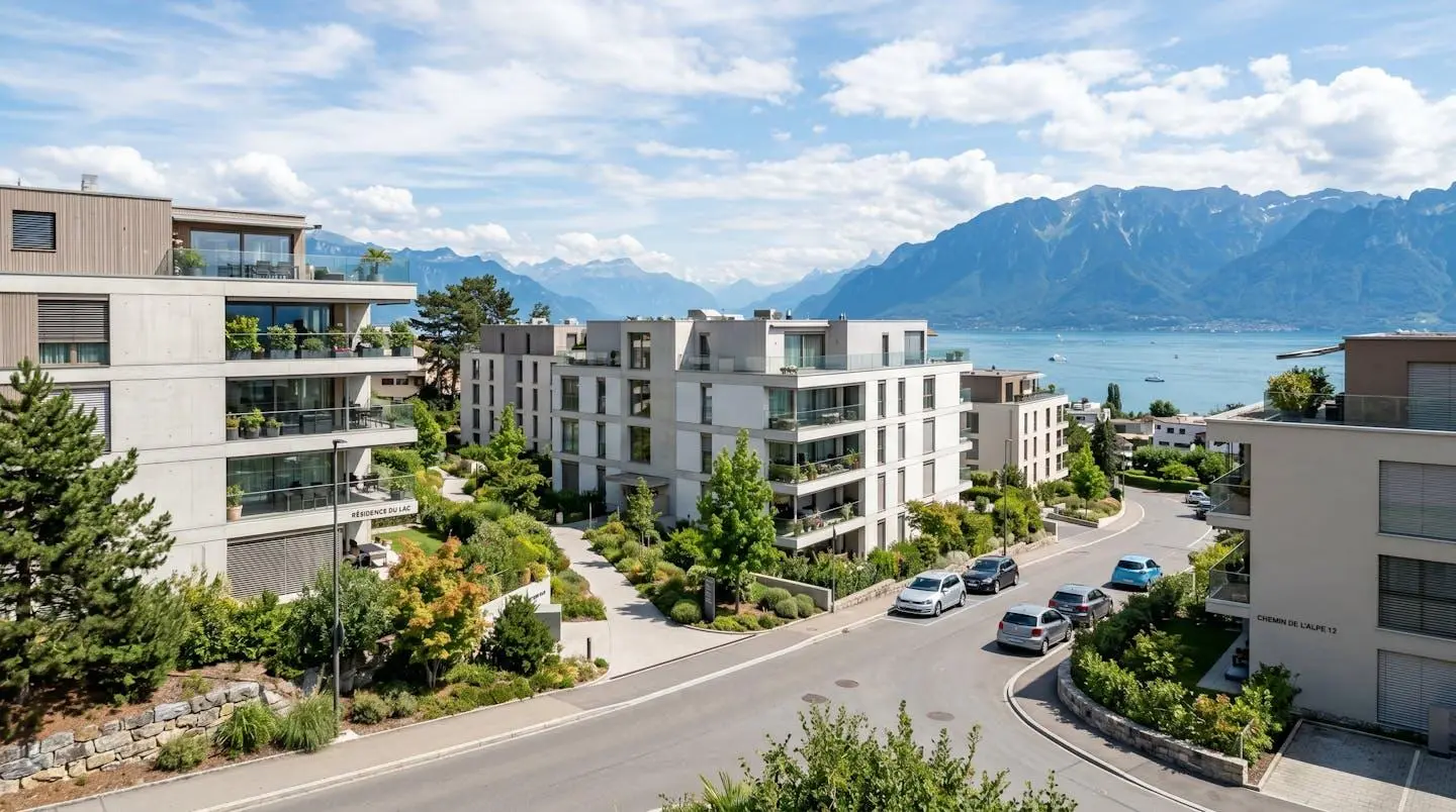 Vue extérieure d'immeubles résidentiels contemporains à Lausanne sous un ciel lumineux, architecture européenne moderne sans présence humaine