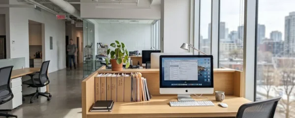 Bureau d'agence immobilière contemporain avec ordinateur, dossiers organisés et grande fenêtre lumineuse