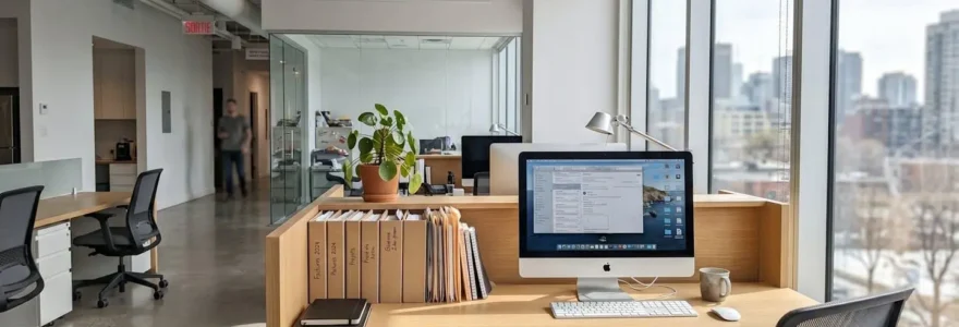 Bureau d'agence immobilière contemporain avec ordinateur, dossiers organisés et grande fenêtre lumineuse