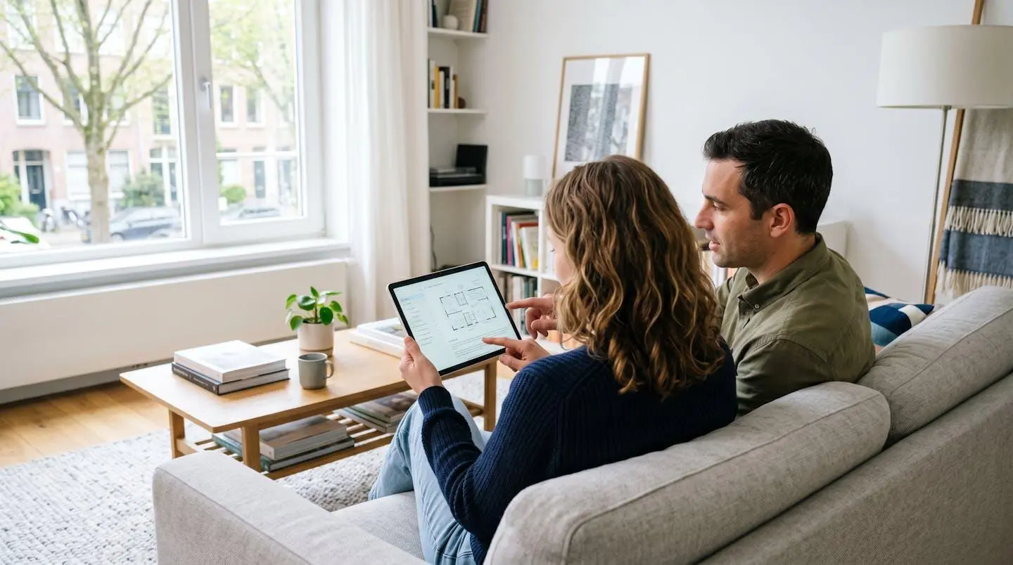 Un couple vu de dos consulte ensemble une tablette dans un salon contemporain baigné de lumière naturelle