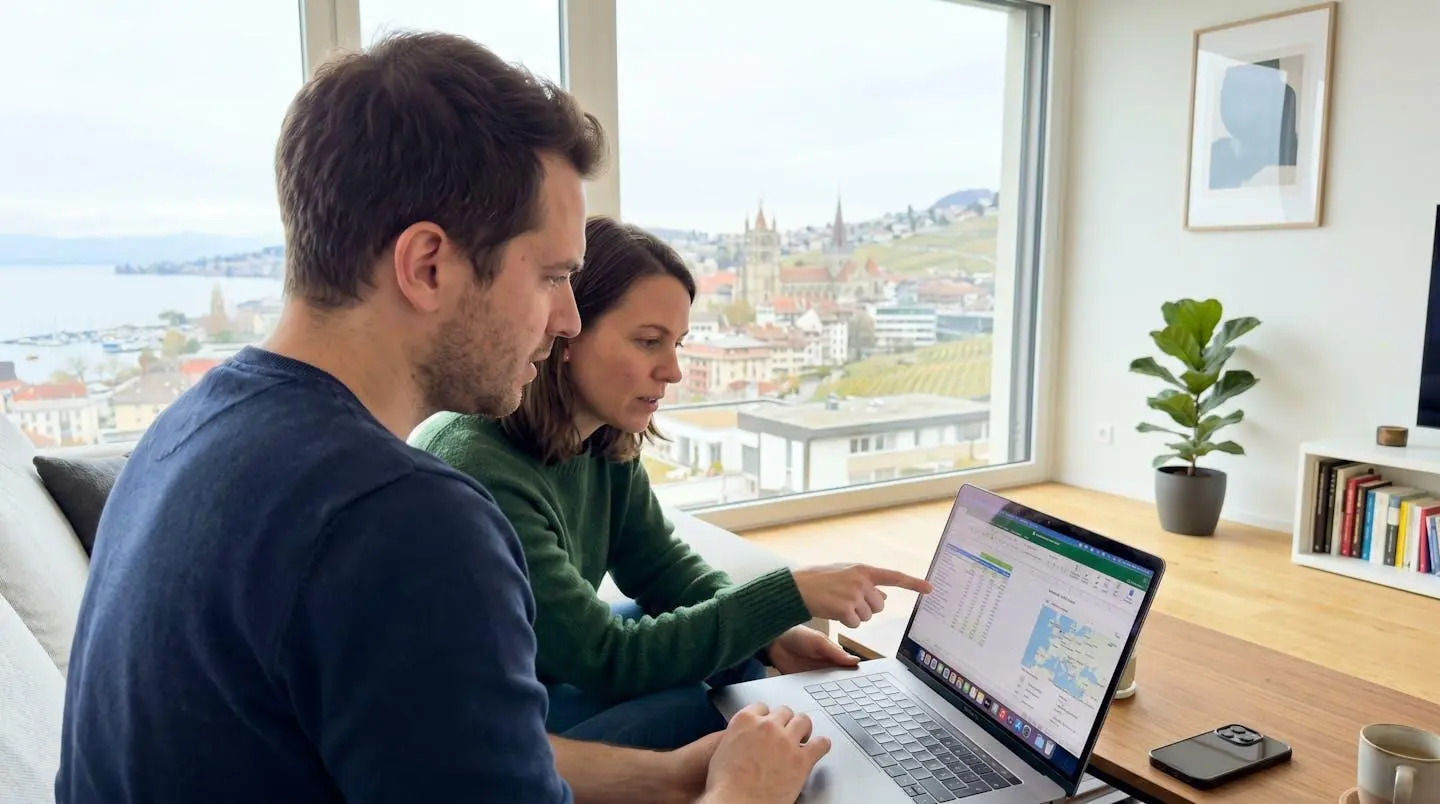 Un couple dans la trentaine consulte ensemble un ordinateur portable dans un salon contemporain lumineux avec vue floue sur les toits de Lausanne en arrière-plan