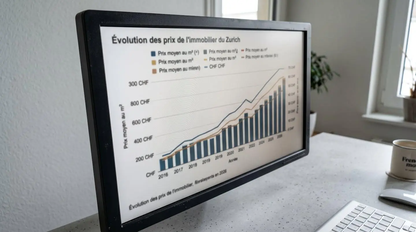 Gros plan sur un écran d'ordinateur affichant un graphique d'évolution des prix immobiliers avec des courbes ascendantes et des symboles CHF visibles mais floutés