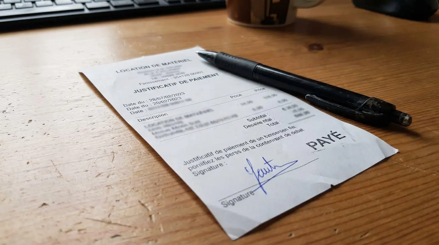 Gros plan macro sur un document de quittance de loyer posé sur un bureau avec un stylo, mise au point sélective