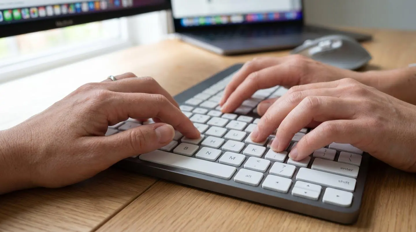 Gros plan sur des mains tapant sur un clavier d'ordinateur moderne avec un écran complètement flouté en arrière-plan