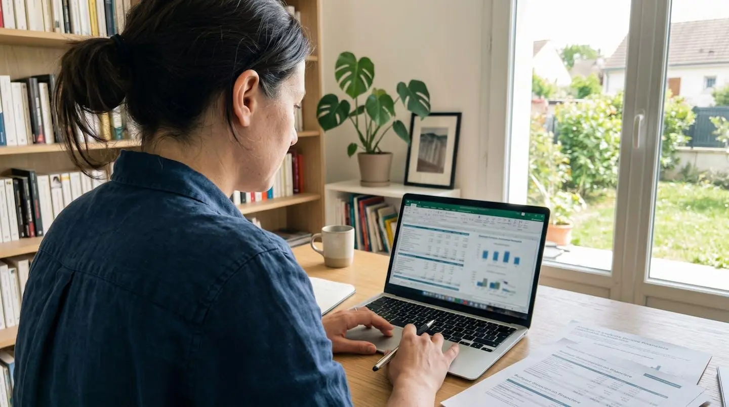 Vue par-dessus l'épaule d'une personne consultant des documents de gestion locative sur un ordinateur portable dans un bureau lumineux