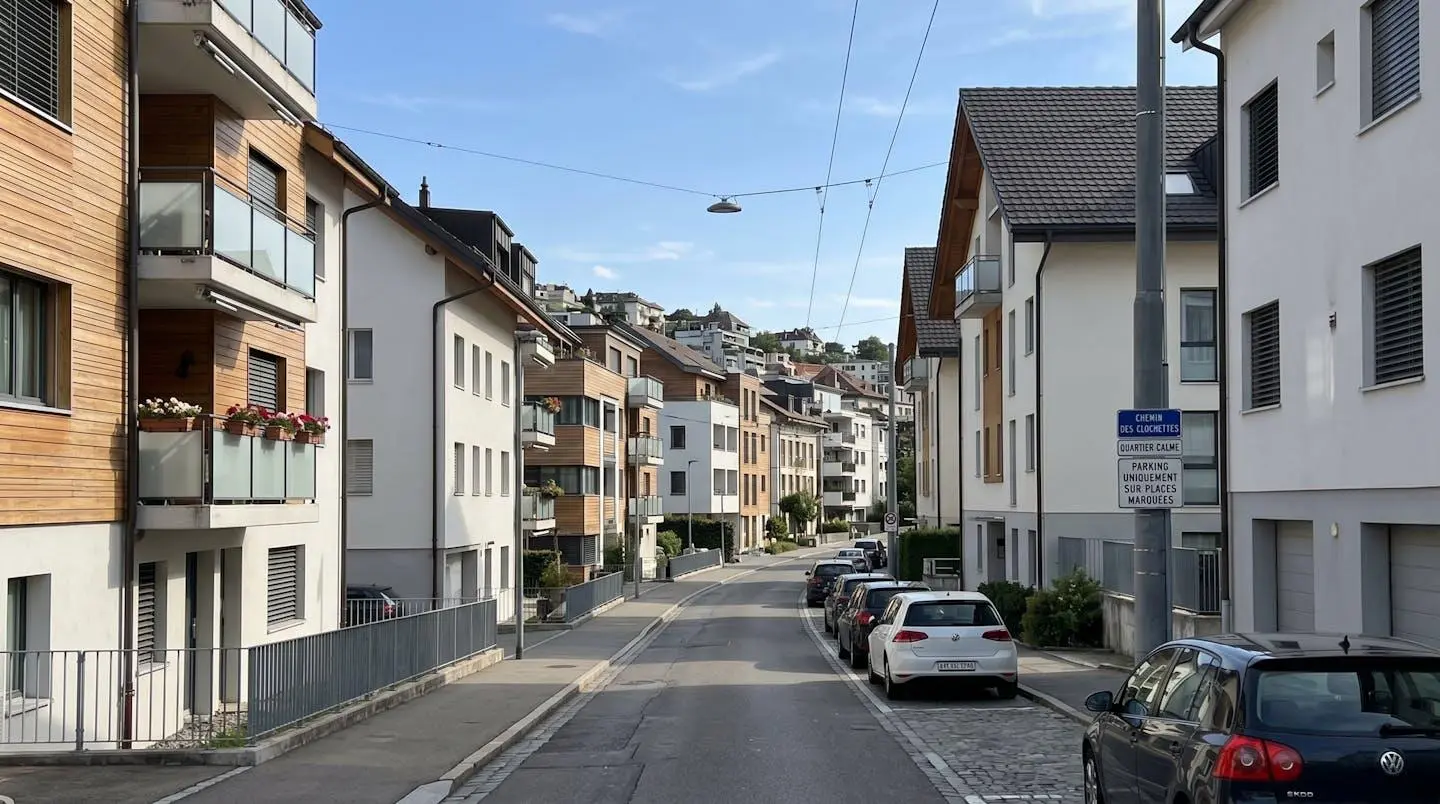 Vue grand angle d'une rue résidentielle typique de Lausanne avec des immeubles contemporains de style architectural vaudois moderne et des façades propres sous la lumière naturelle