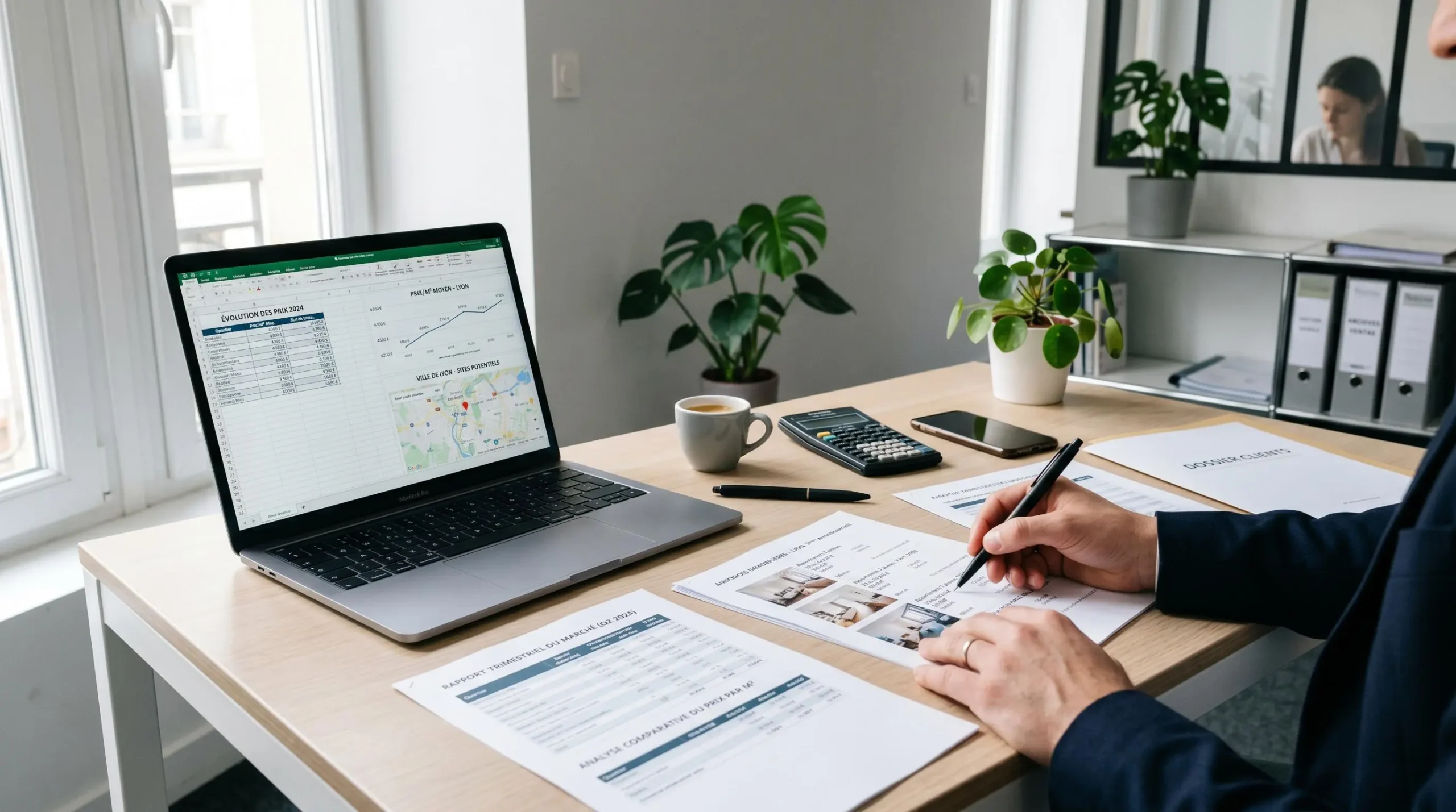 Bureau d'agence immobilière contemporain avec ordinateur affichant données de marché locatif, documents d'analyse, mains annotant rapport statistique, environnement professionnel sobre et lumineux