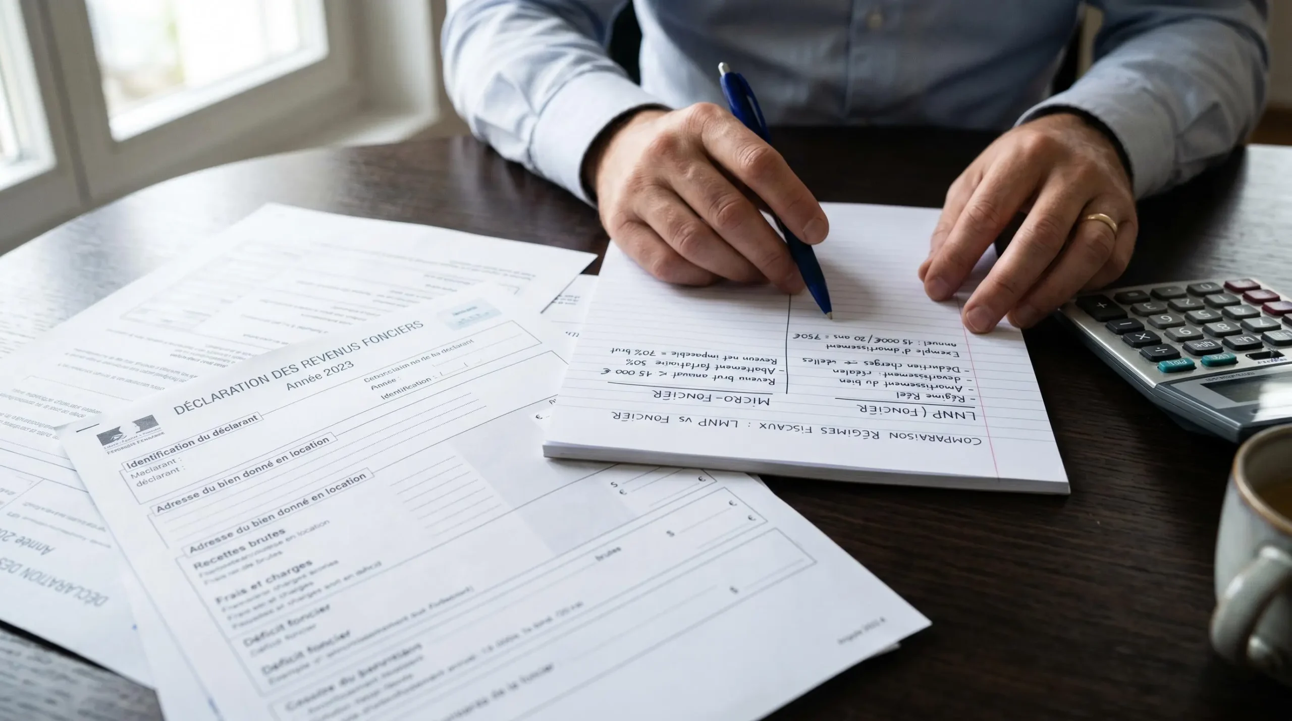 Bureau de conseiller fiscal avec documents d'optimisation patrimoniale immobilière, formulaires revenus fonciers, tableaux comparatifs régimes fiscaux LMNP, mains collaborant sur analyse, environnement professionnel contemporain