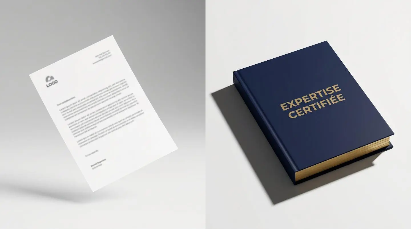 Illustration 3D en diptyque montrant à gauche une feuille A4 volante légère symbolisant l'estimation rapide, et à droite un épais dossier relié bleu marine de 5 cm d'épaisseur intitulé 'Expertise certifiée' avec tranches dorées, sur fond dégradé gris clair