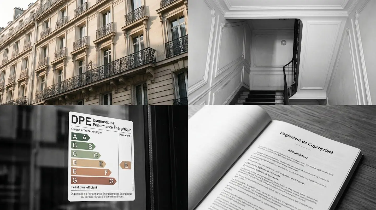 Montage photographique en quadriptyque noir et blanc montrant quatre détails architecturaux d'un immeuble haussmannien parisien : façade pierre de taille avec balcon, cage d'escalier à moulures, étiquette DPE en couleur et règlement de copropriété ouvert