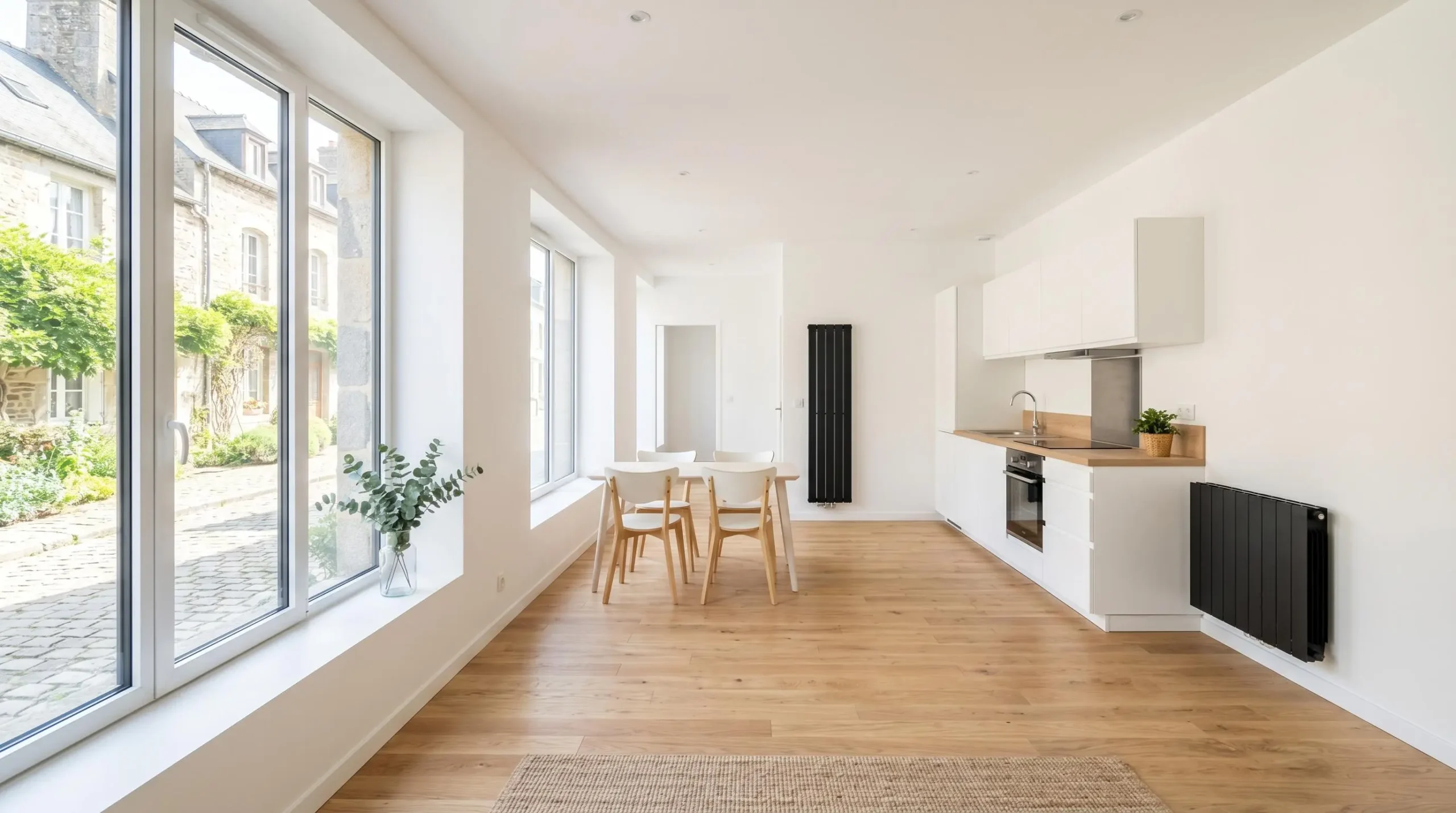 Intérieur lumineux d'un appartement T2 vide prêt à la location, salon-cuisine ouverte, grandes fenêtres, parquet contemporain, murs clairs, décor neutre et attractif pour locataire