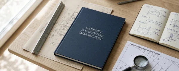 Vue en plongée sur une table en bois clair présentant un dossier bleu marine intitulé 'Rapport d'expertise immobilière', accompagné de plans d'architecture dépliés, d'une règle architecte, d'un carnet de notes manuscrit et d'une loupe professionnelle sur un document cadastral, éclairés par une lumière naturelle douce