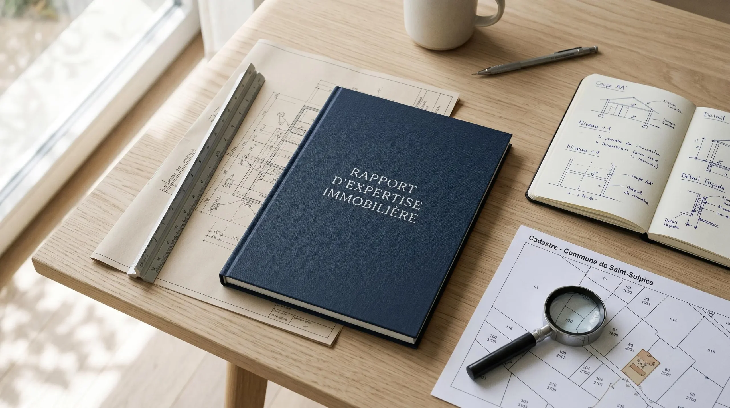 Vue en plongée sur une table en bois clair présentant un dossier bleu marine intitulé 'Rapport d'expertise immobilière', accompagné de plans d'architecture dépliés, d'une règle architecte, d'un carnet de notes manuscrit et d'une loupe professionnelle sur un document cadastral, éclairés par une lumière naturelle douce