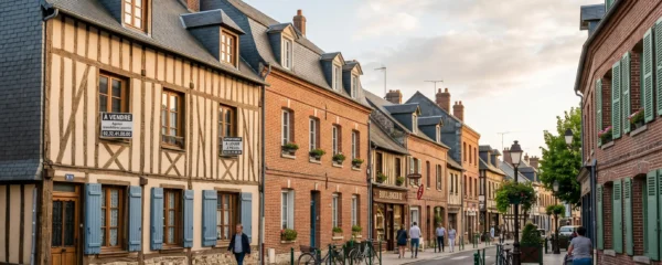 Rue résidentielle typique de Pont-Audemer avec immeubles d'habitation en architecture normande traditionnelle, façades à colombages et briques, panneaux immobiliers visibles, lumière naturelle de fin de journée