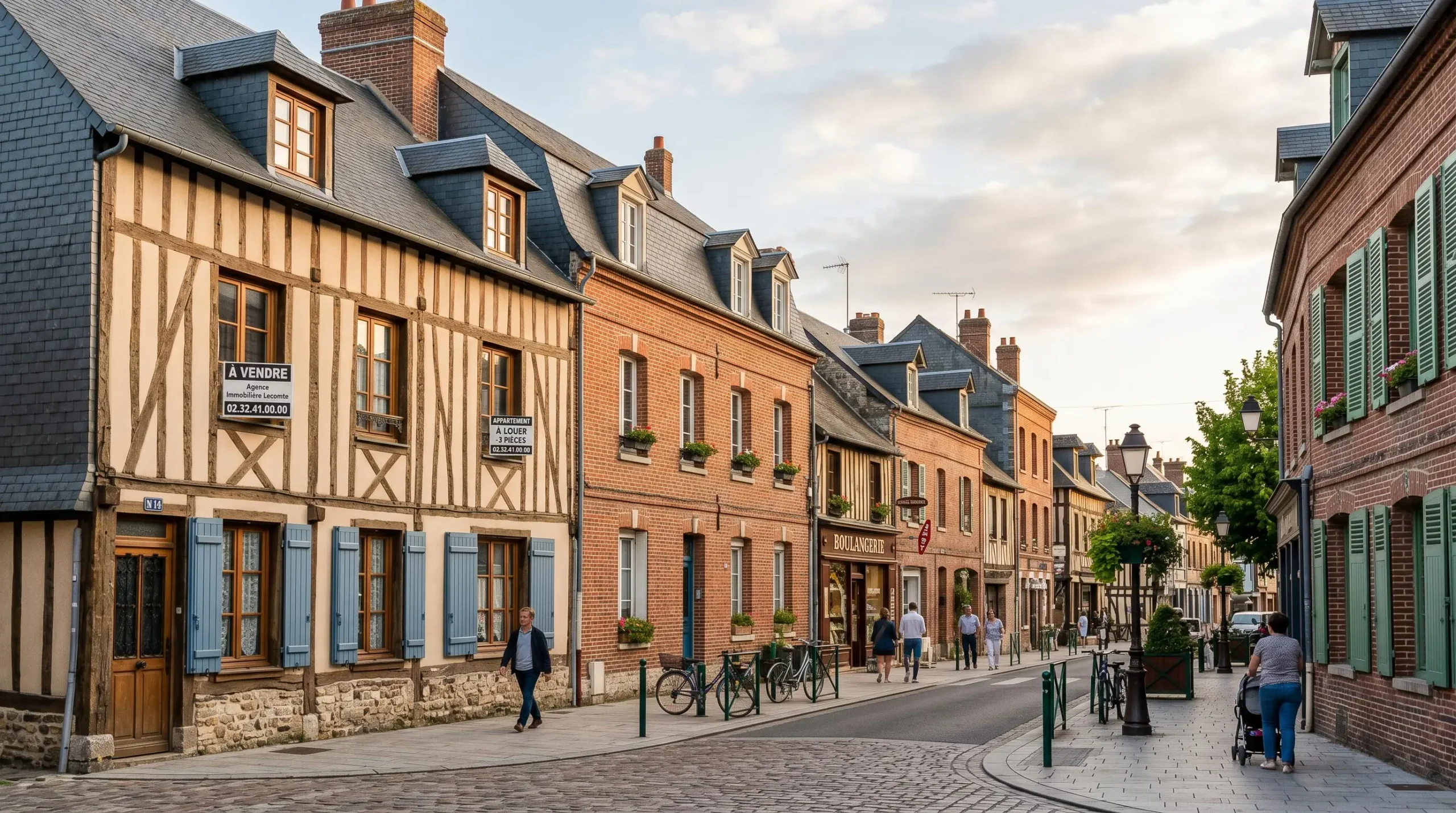 Rue résidentielle typique de Pont-Audemer avec immeubles d'habitation en architecture normande traditionnelle, façades à colombages et briques, panneaux immobiliers visibles, lumière naturelle de fin de journée