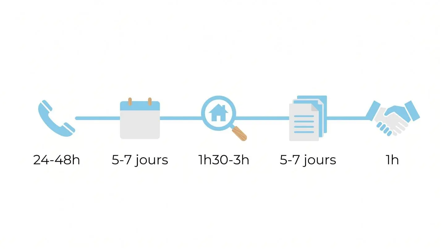 Timeline horizontale en flat design présentant les 5 étapes du processus d'expertise immobilière avec icônes minimalistes et durées en français : contact initial (24-48h), planification (5-7 jours), visite terrain (1h30-3h), rédaction (5-7 jours) et restitution (1h)