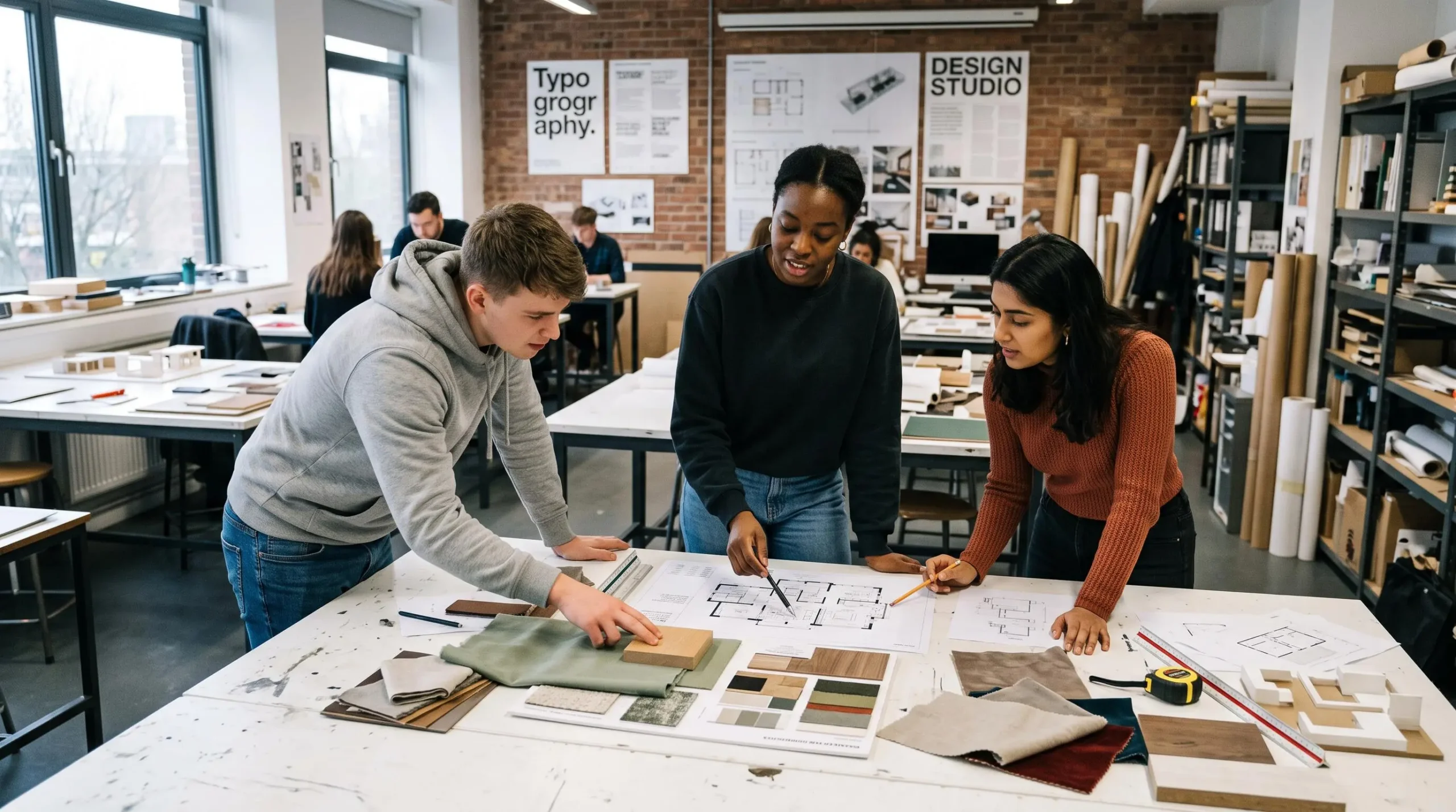 Des étudiants en décoration d'intérieur collaborent autour d'une table de travail dans un atelier d'école de design, examinant des plans et des planches de matériaux.