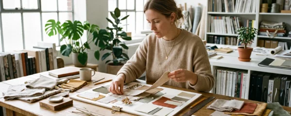 Une femme travaille sur une planche tendances de décoration d'intérieur, disposant des échantillons de tissus et de matériaux sur une grande table dans un espace de travail lumineux.