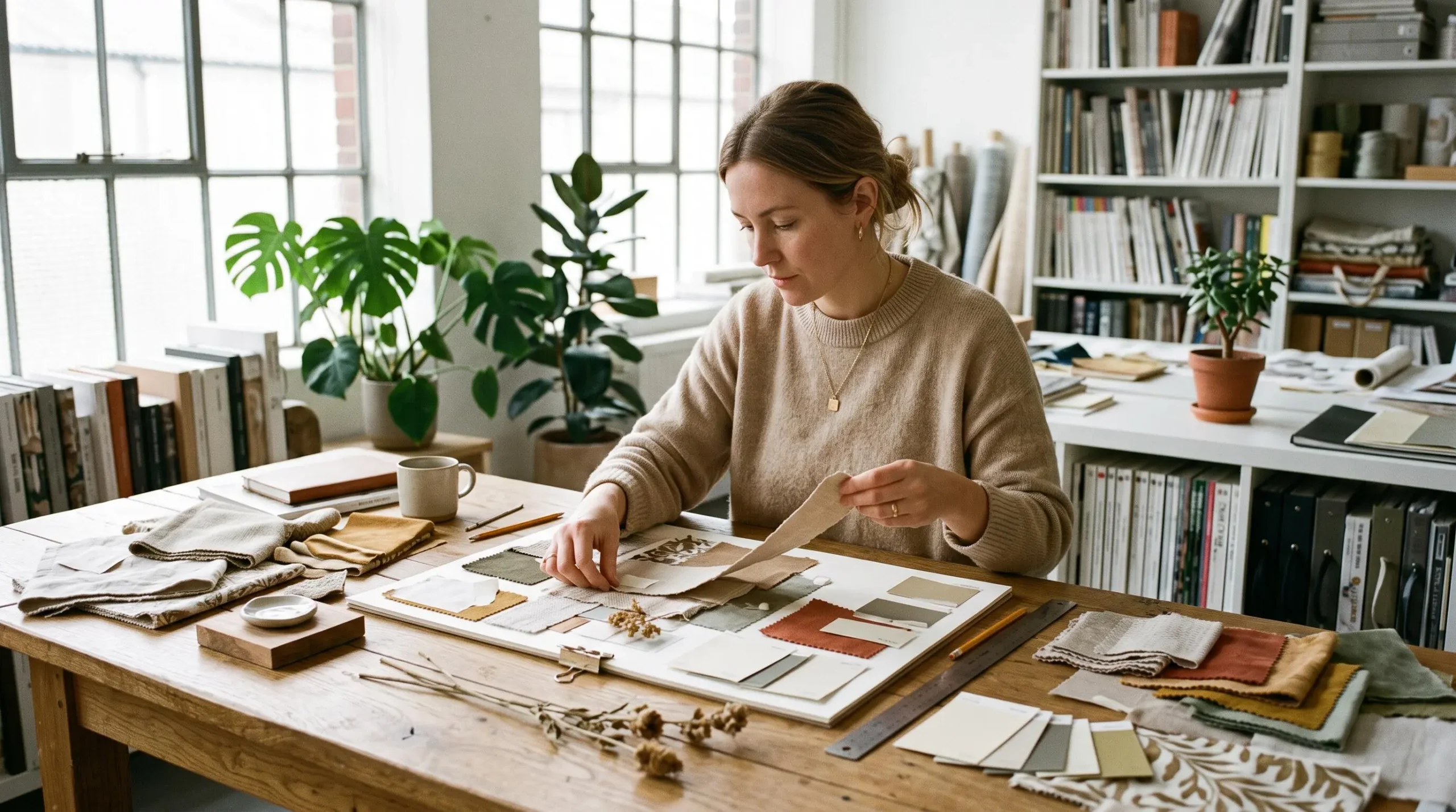 Une femme travaille sur une planche tendances de décoration d'intérieur, disposant des échantillons de tissus et de matériaux sur une grande table dans un espace de travail lumineux.