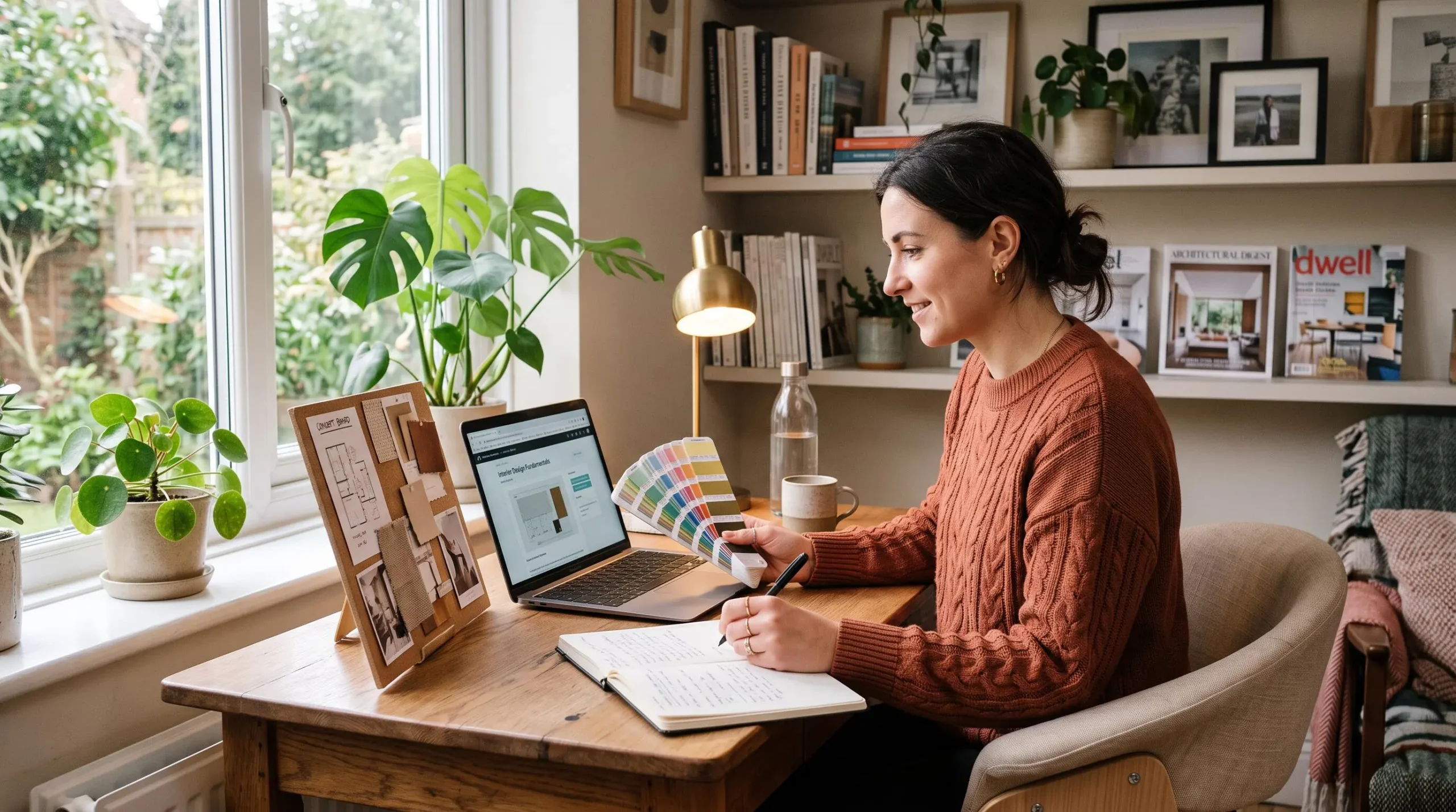 Une personne suit une formation à distance en décoration d'intérieur depuis son domicile, travaillant sur un ordinateur portable avec des échantillons de couleurs et un carnet de notes.