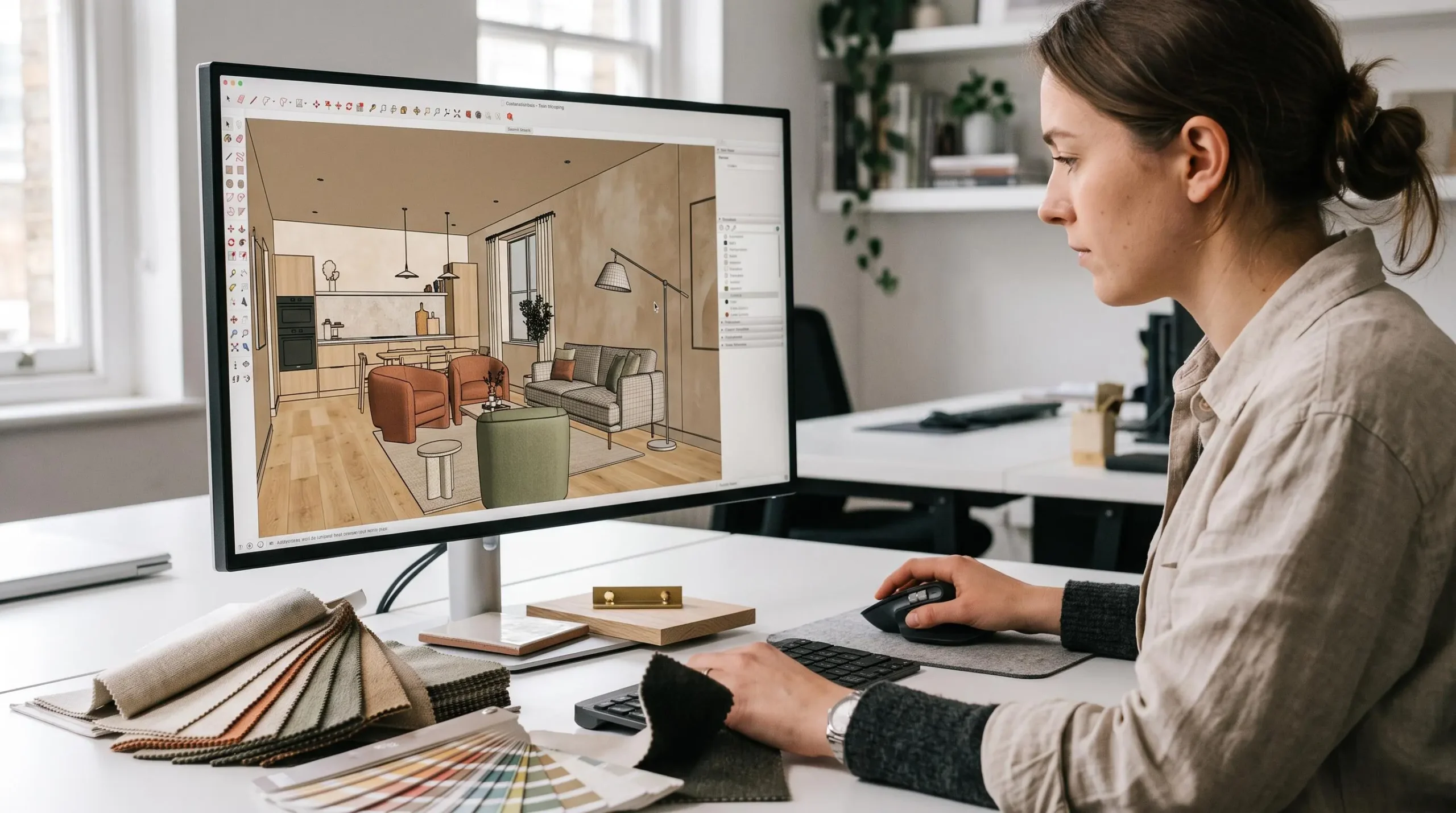 Un décorateur utilise un logiciel de design 3D sur ordinateur pour créer un rendu d'intérieur, avec des échantillons de matériaux disposés à proximité comme références.